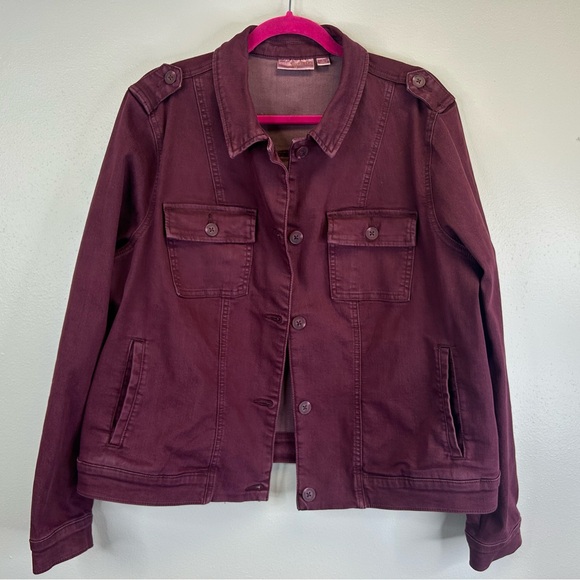 Belle by Kim Gravel L Deep Burgundy Jean Jacket Pockets Denim Outdoor Casual - Picture 2 of 12